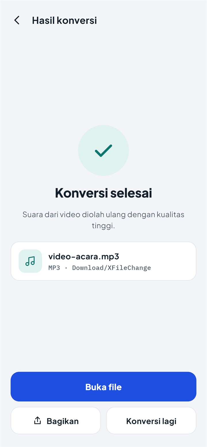 Layar Konversi selesai dengan tombol Buka file dan Bagikan